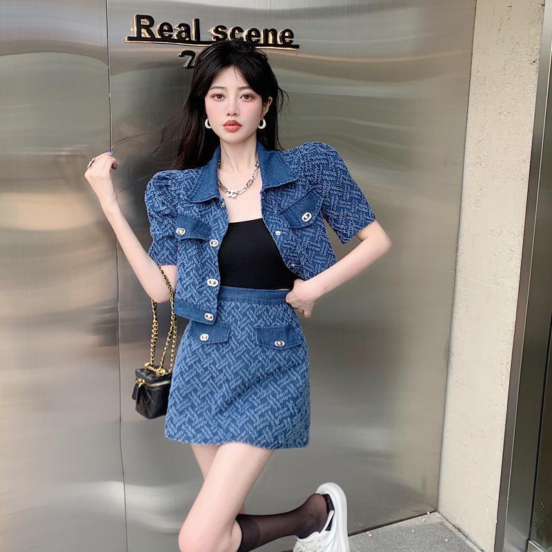 デニムセットアップ ジグザグ柄ショート丈セットアップ