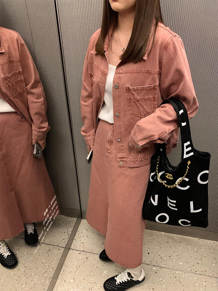 デニムセットアップ やわらかデニムロングスカート上下セット
