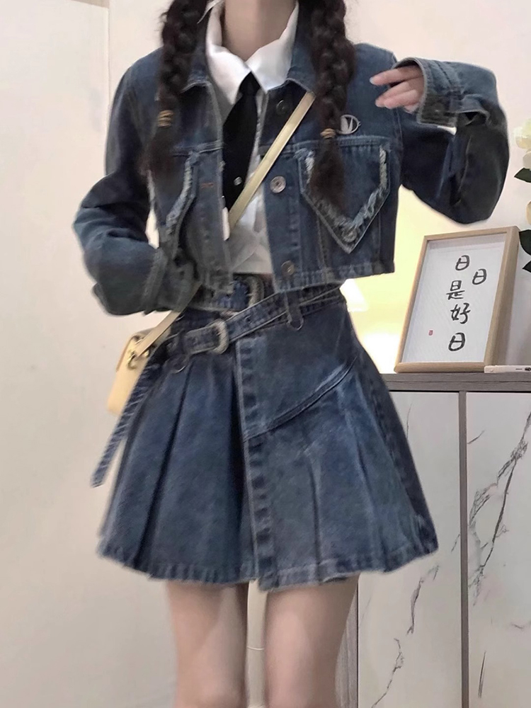 デニムセットアップ クロップド丈デニムジャケット＆プリーツスカートセット