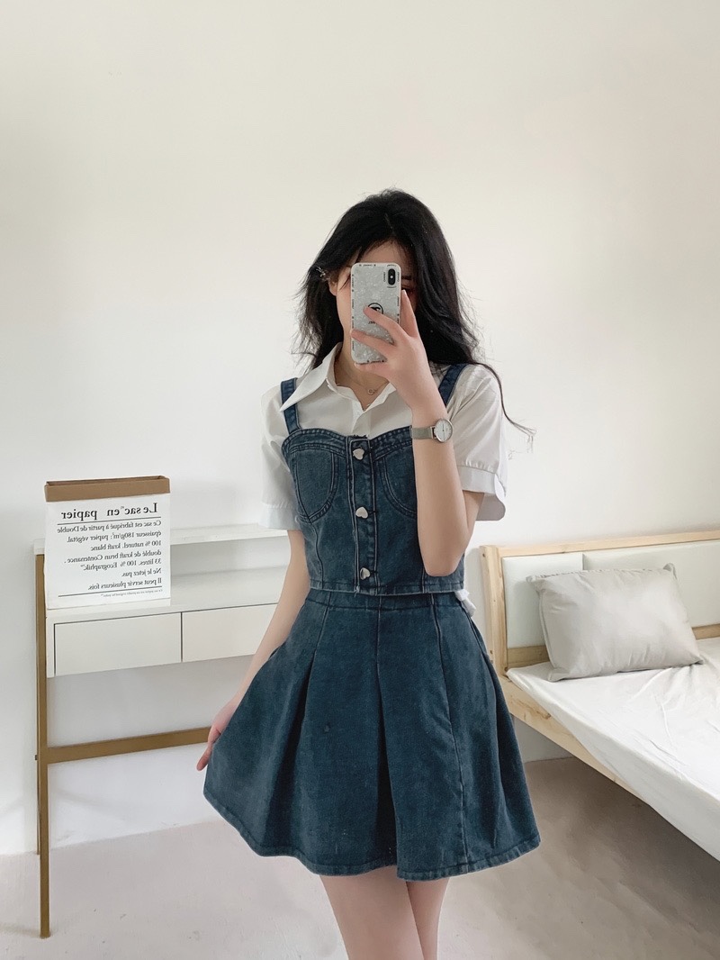 デニムセットアップ 胸元ポケット付きデニムワンピースセット
