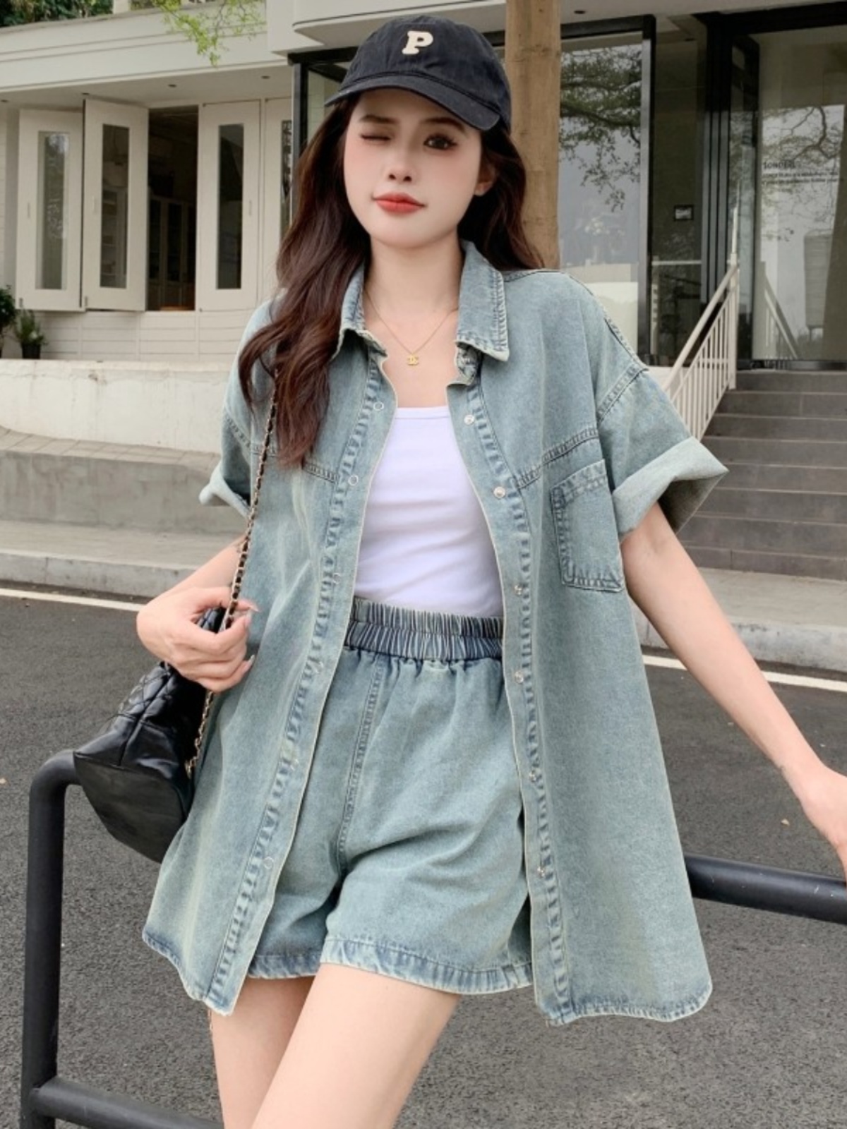 デニムセットアップ ゆったりデニムシャツセットアップ