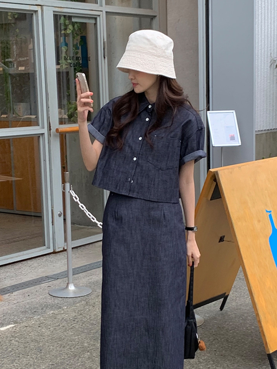デニムセットアップ ショート丈シャツ×ロングスカート