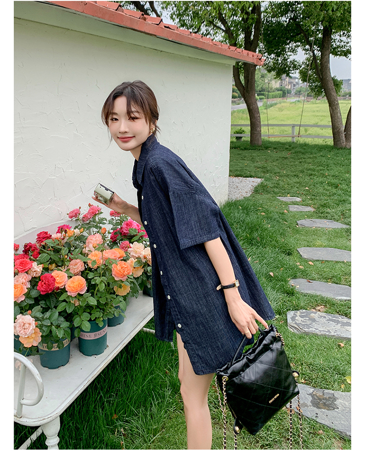 デニムセットアップ ゆったり五分袖シャツとショートパンツセット