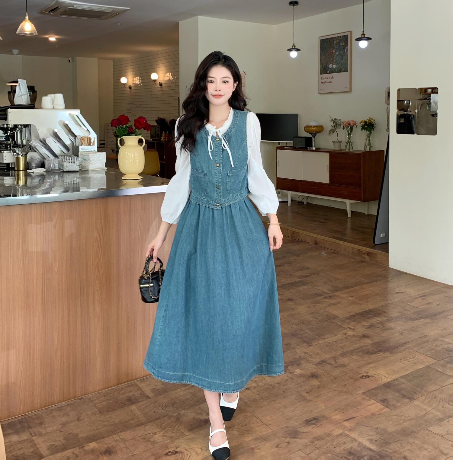 デニムセットアップ 優美なベスト付きデニムスカートセット