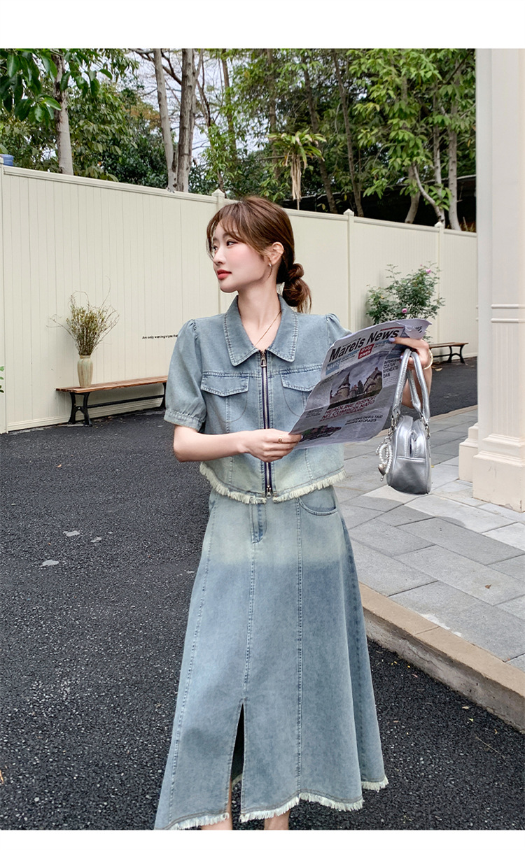 デニムセットアップ パフスリーブフリンジデニムセット