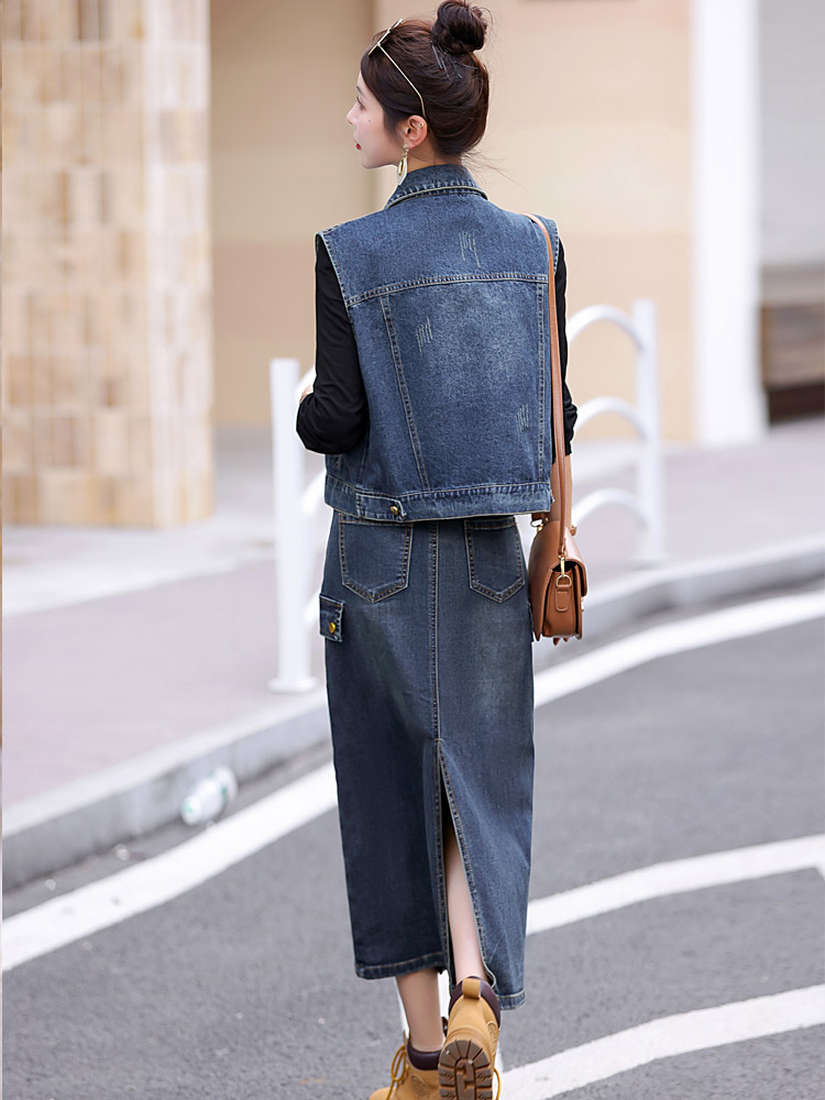 デニムセットアップ　ノースリーブベスト付きデニムセットアップ