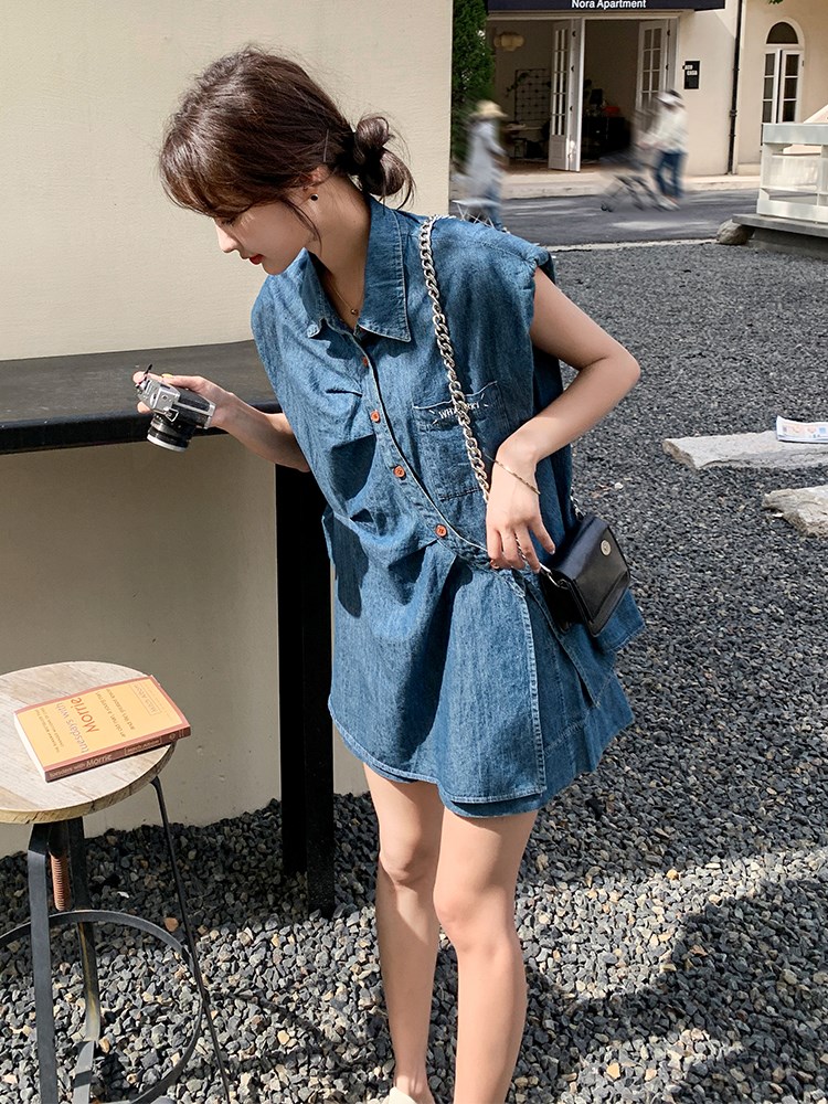 デニムセットアップ こなれノースリーブシャツセット