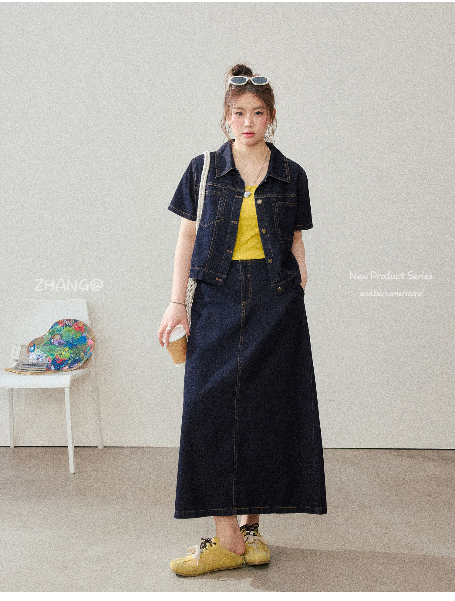 デニムセットアップ 半袖ジャケット×ロングスカート