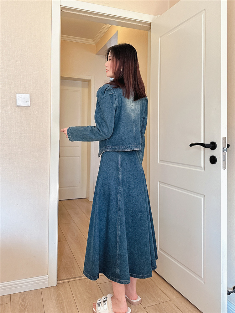 デニムセットアップ レトロ調パフスリーブセットアップ