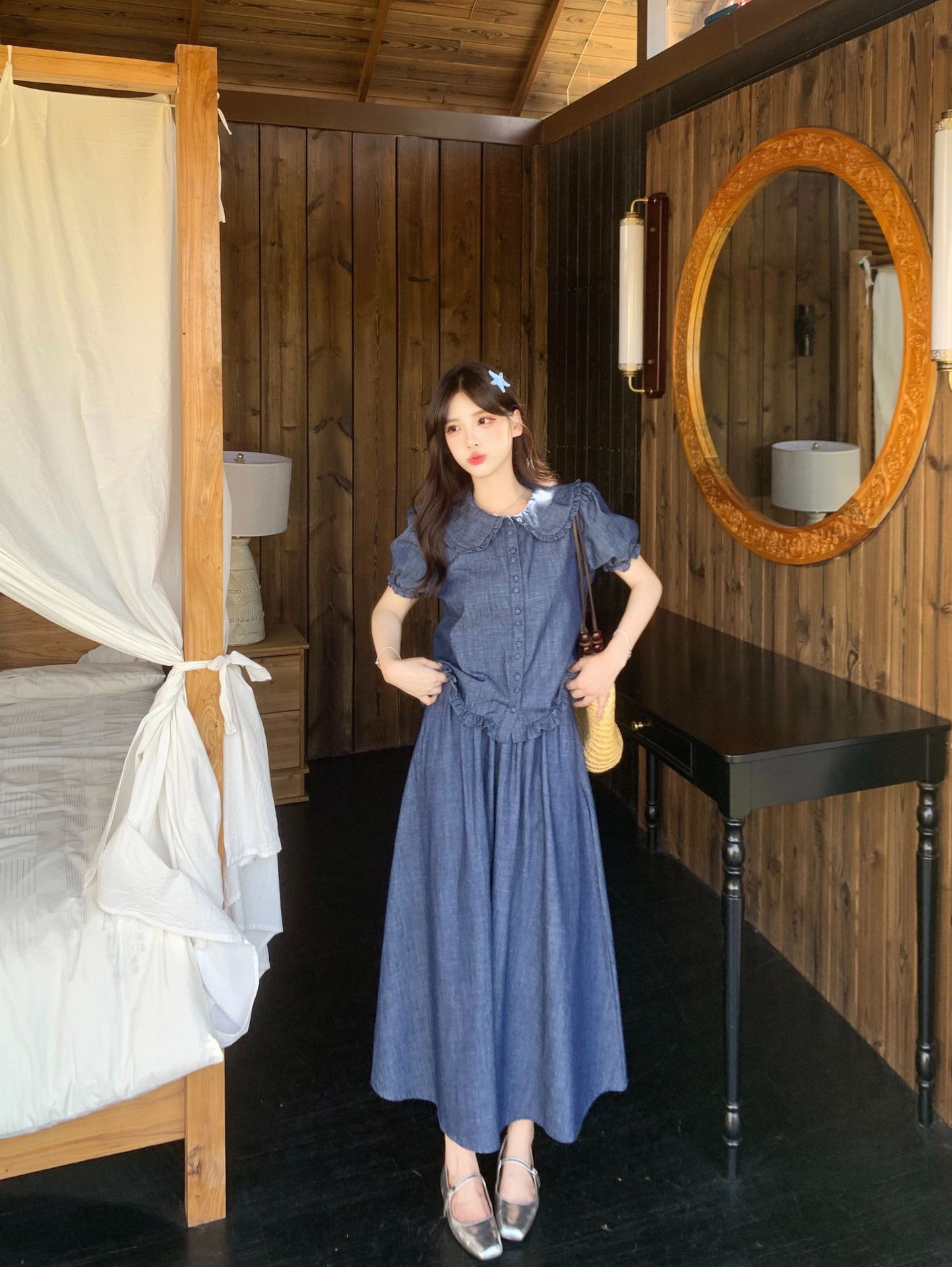 デニムセットアップ 優美な丸襟デニムロングワンピース