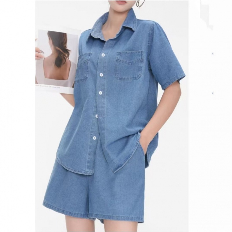 デニムセットアップ ゆったり快適 半袖シャツショートパンツセット