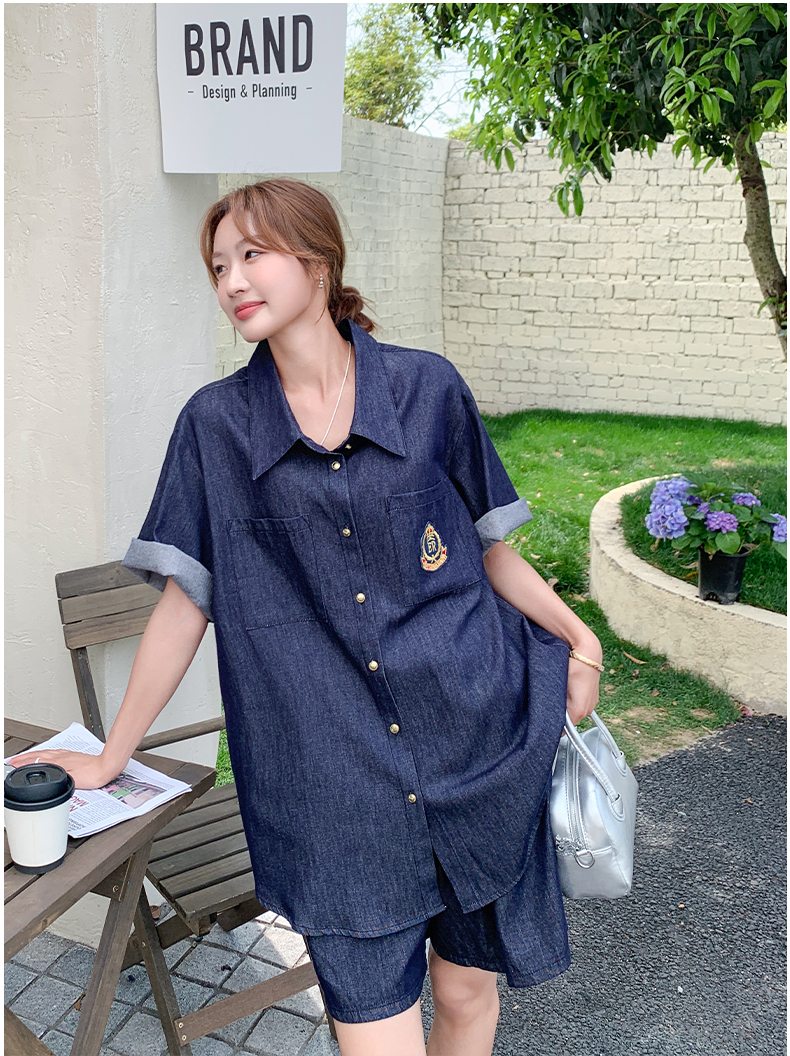 デニムセットアップ クラシック刺繍入り半袖セットアップ