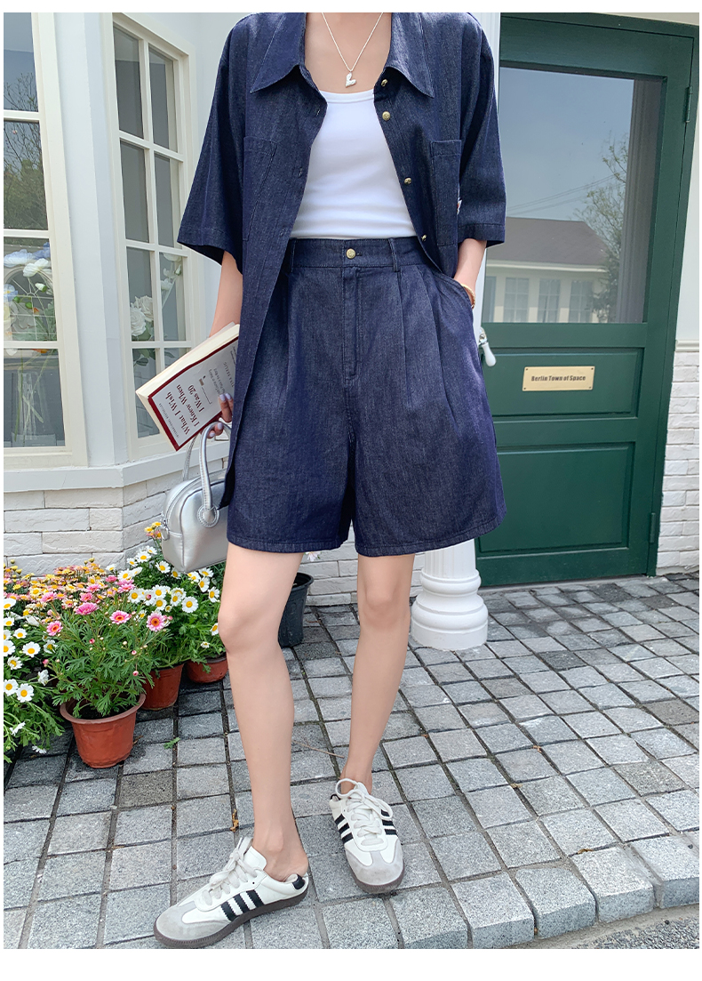 デニムセットアップ クラシック刺繍入り半袖セットアップ