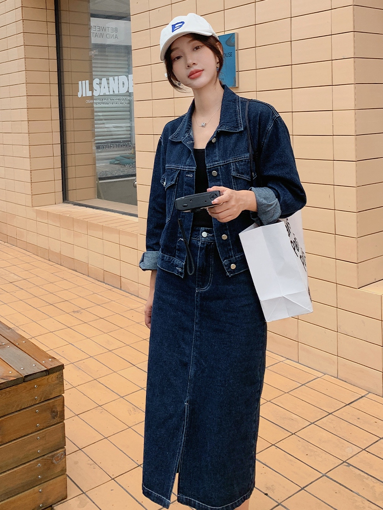 デニムセットアップ こなれ感ジャケット×ロングスカート