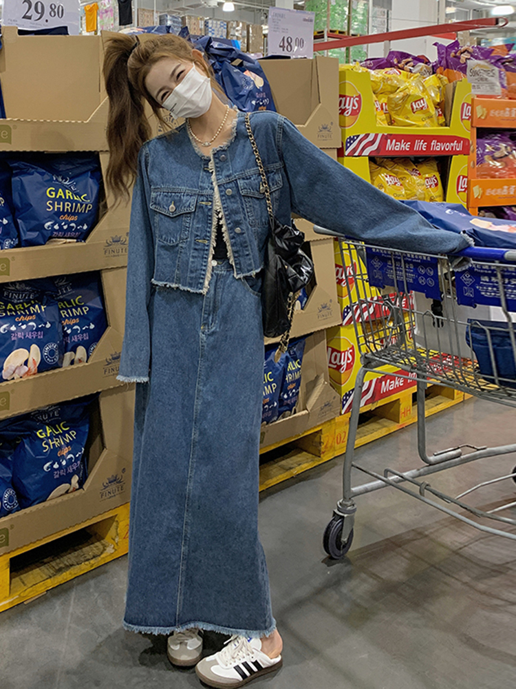 デニムセットアップ カジュアル裾フリンジデニムセット