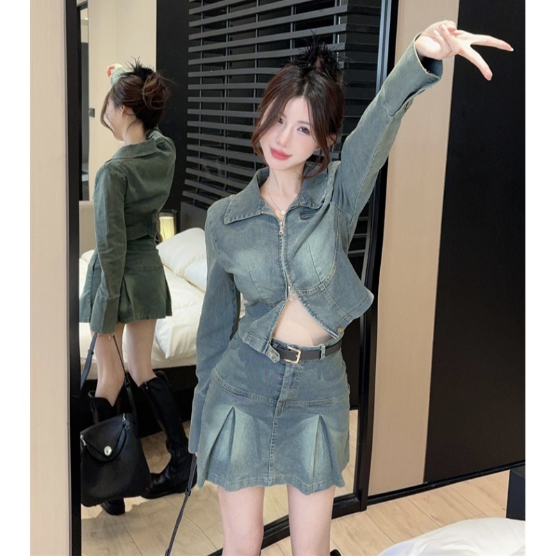 デニムセットアップ プリーツミニスカートツーピース