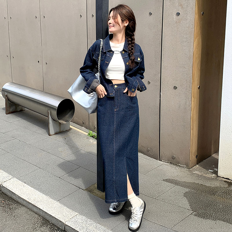 デニムセットアップ ドット模様ジャケット＆ロングスカート