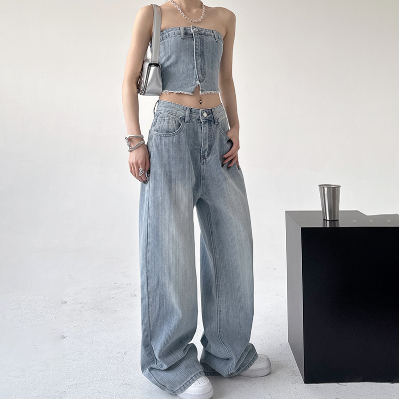 デニムセットアップ ストライプデニム ビスチェ ワイドパンツ セット