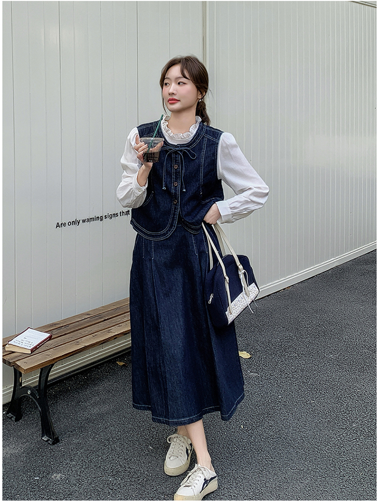 デニムセットアップ レトロ調ベスト付き膝丈スカート