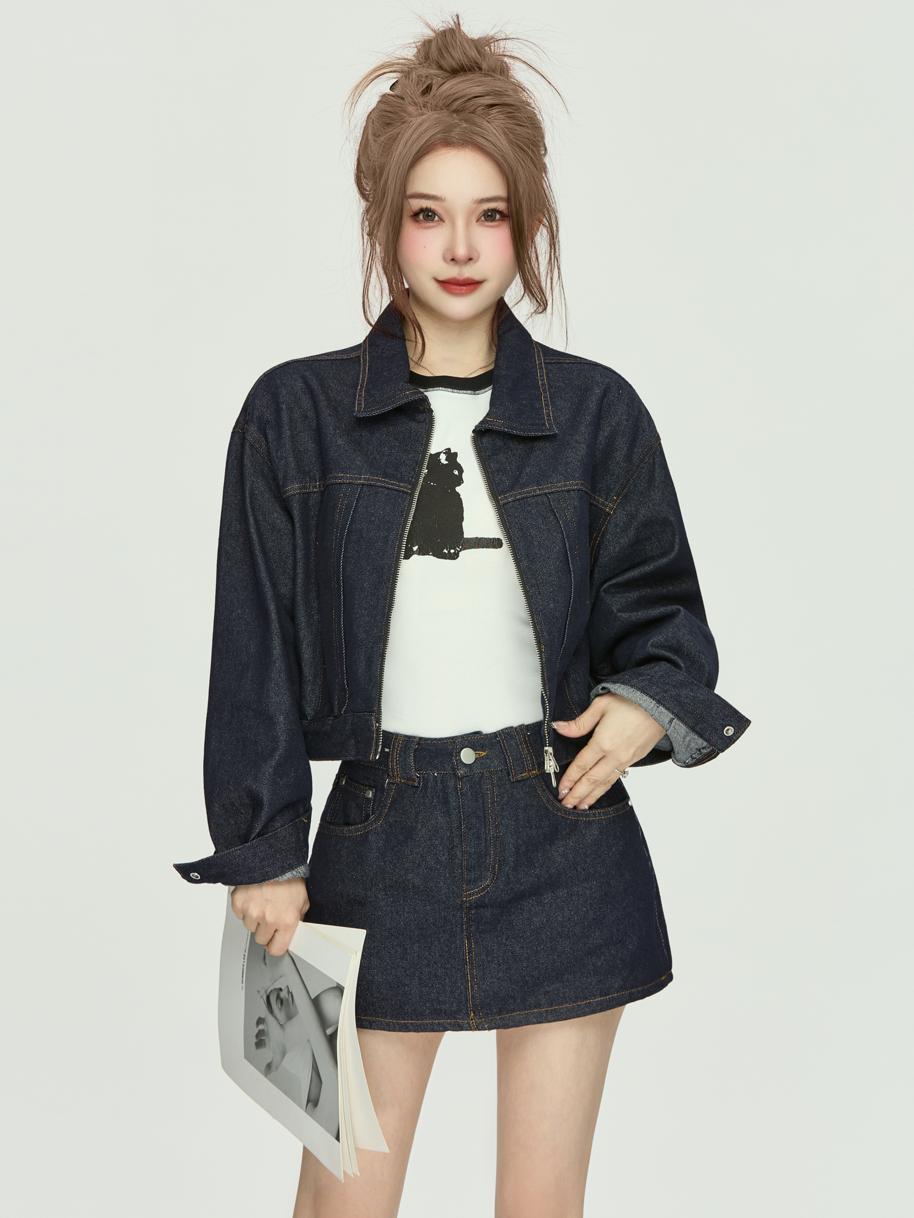 デニムセットアップ ダブルステッチ デニム ミニスカートセット