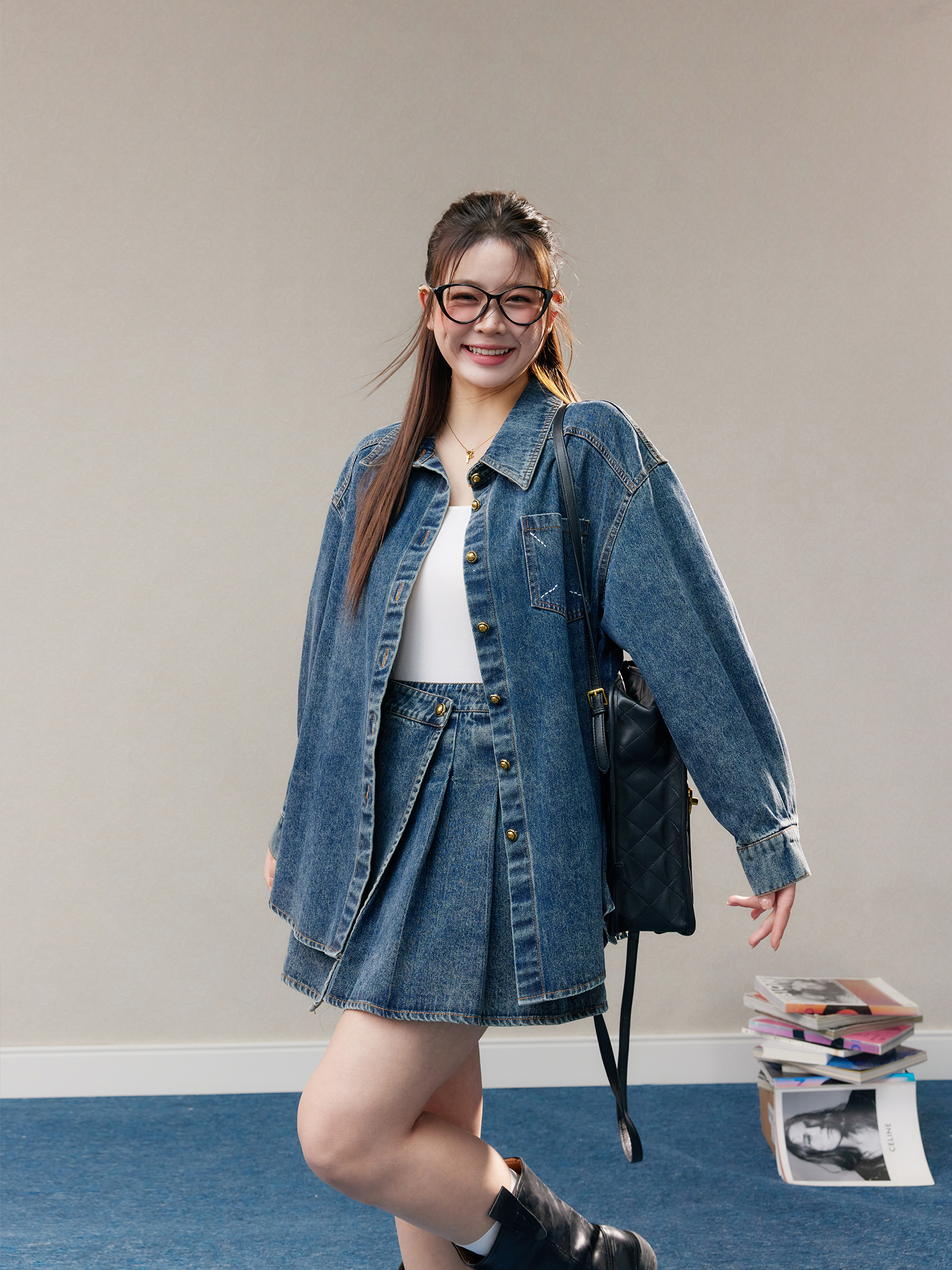 デニムセットアップ ゆったりシルエット プリーツスカートセット