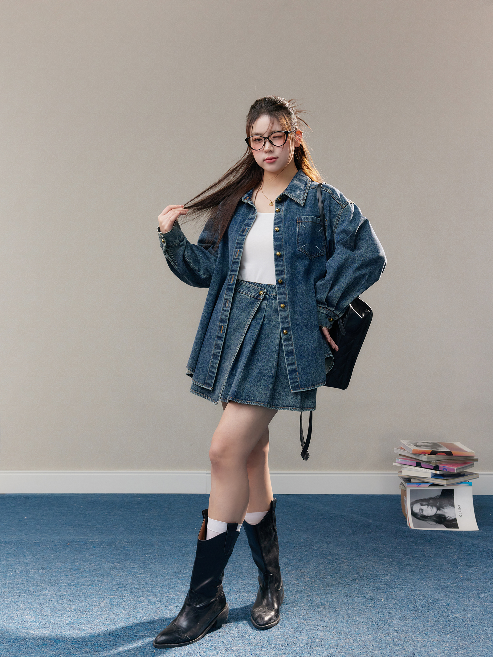 デニムセットアップ ゆったりシルエット プリーツスカートセット