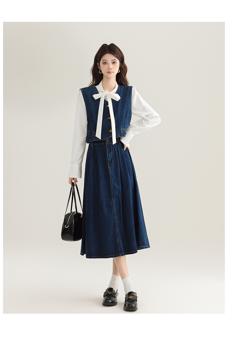 デニムセットアップ リボン付きベスト×フレアスカート