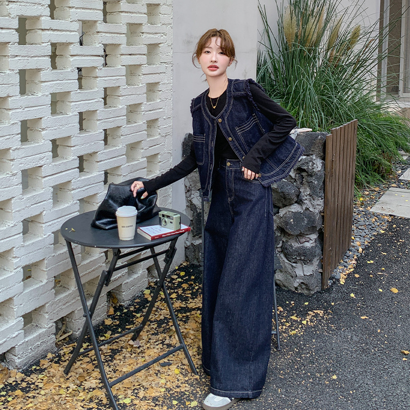 デニムセットアップ フリンジ付きデニムベストとワイドスカートのセット
