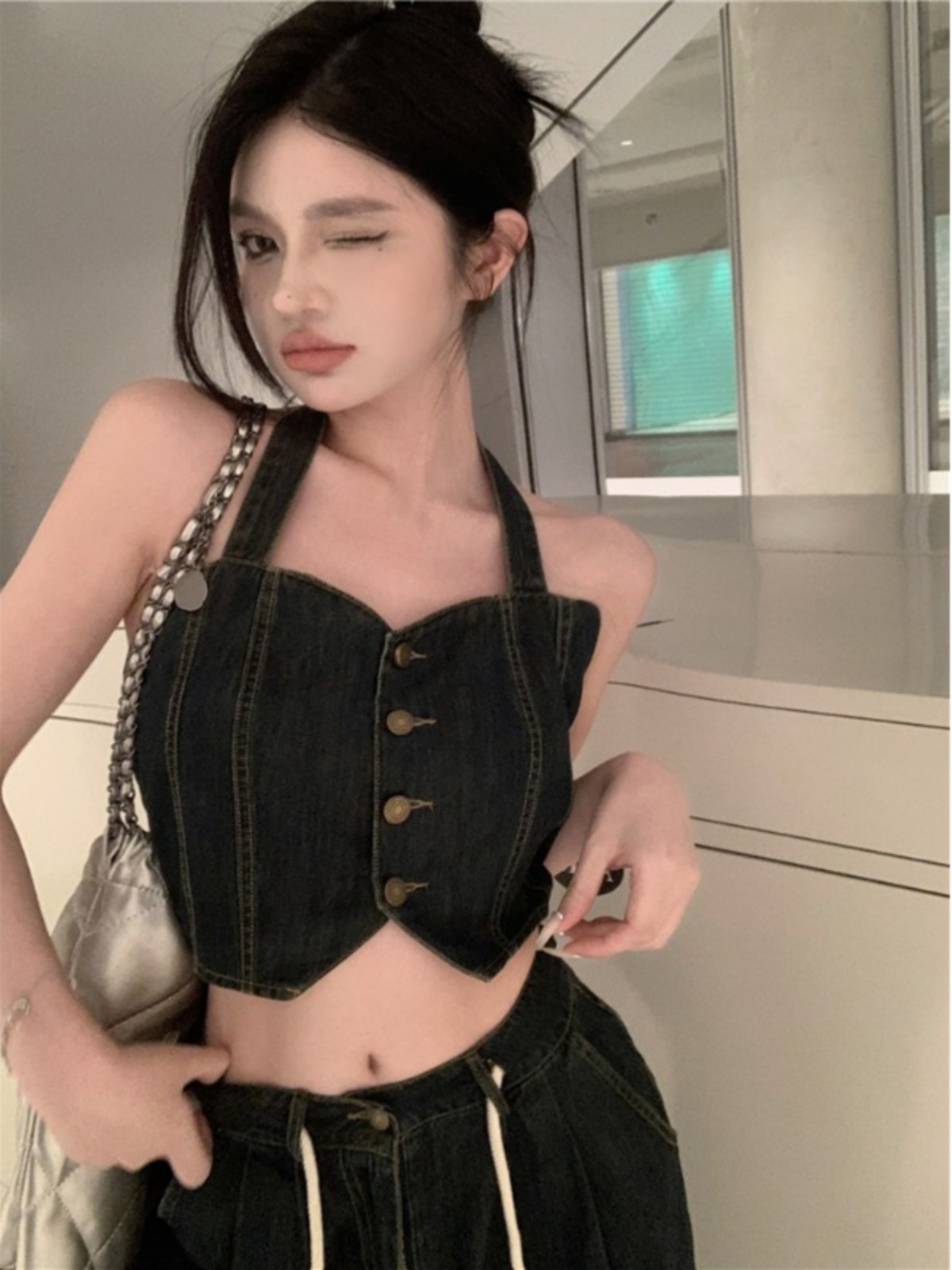 デニムセットアップ ホルターネックビスチェワイドパンツセット