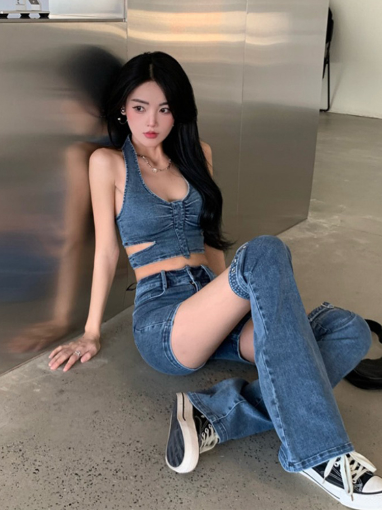デニムセットアップ ホルターシルエット美脚セットアップ