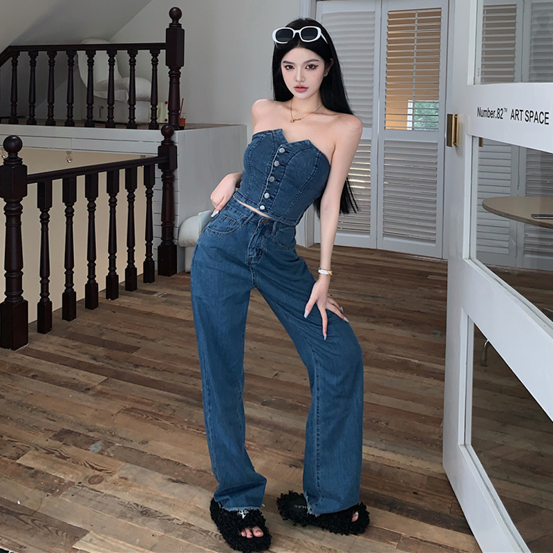 デニムセットアップ フロントボタン美シルエットビスチェセット
