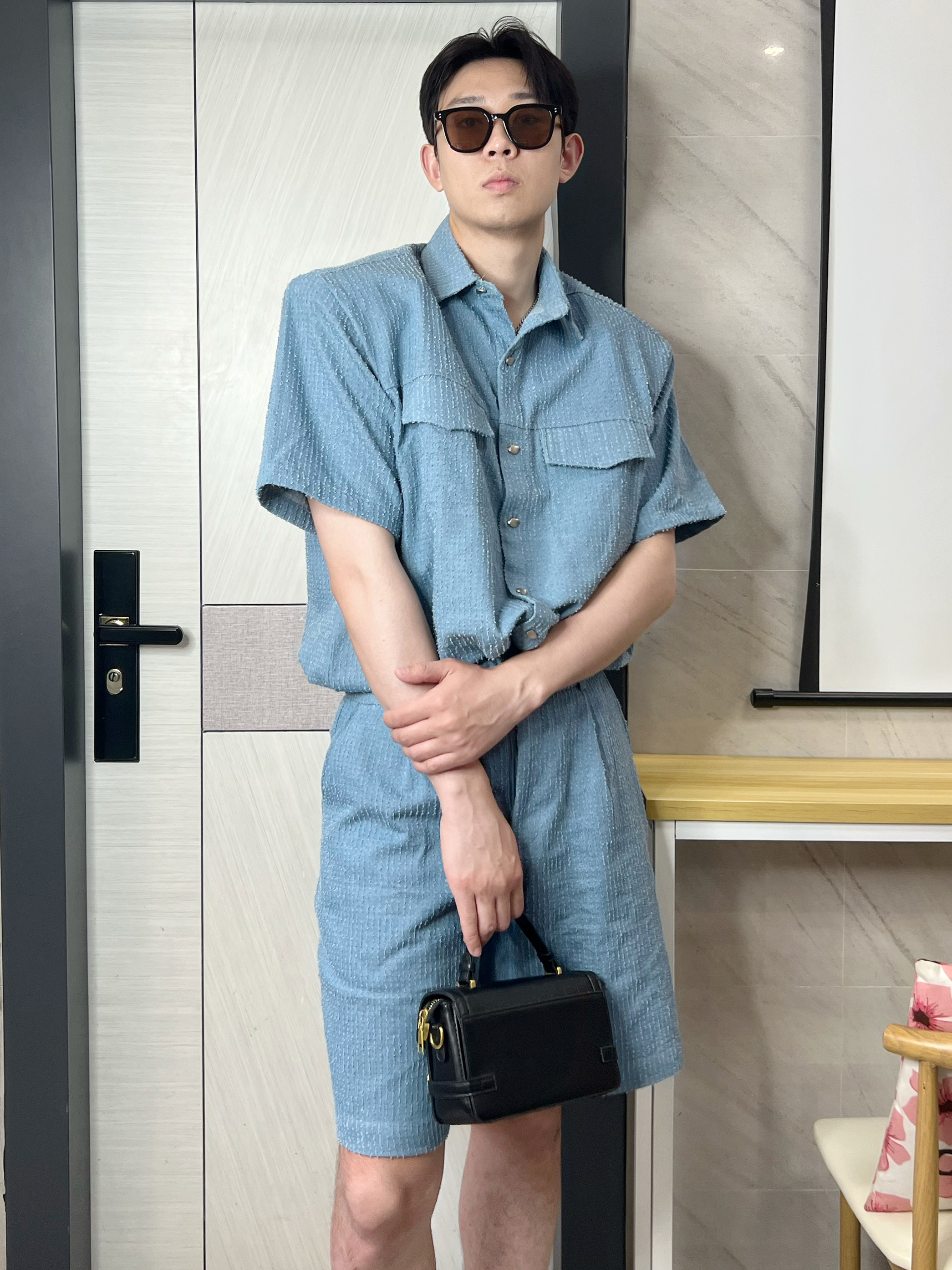 デニムセットアップ ツイード風半袖シャツハーフパンツセット