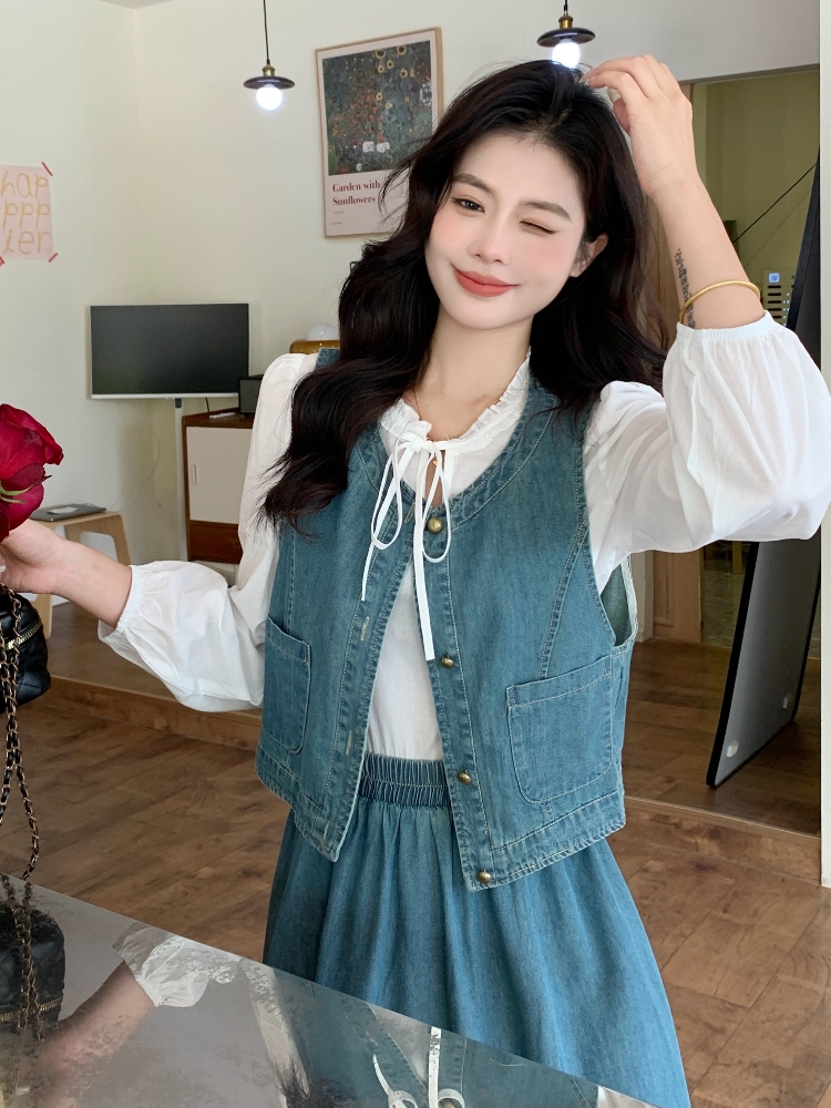 デニムセットアップ 優美なベスト付きデニムスカートセット