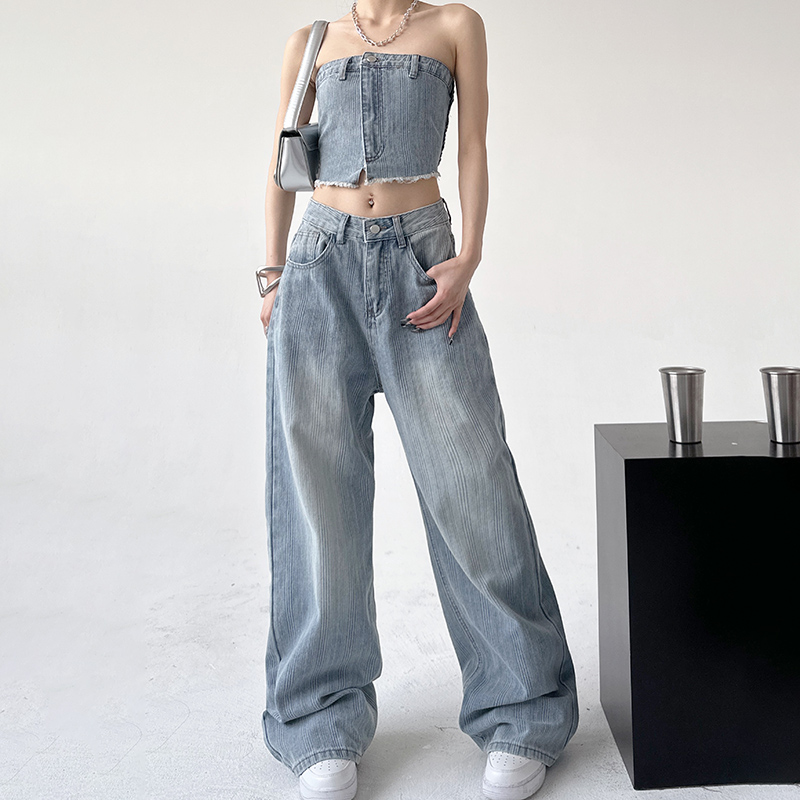 デニムセットアップ ストライプデニム ビスチェ ワイドパンツ セット