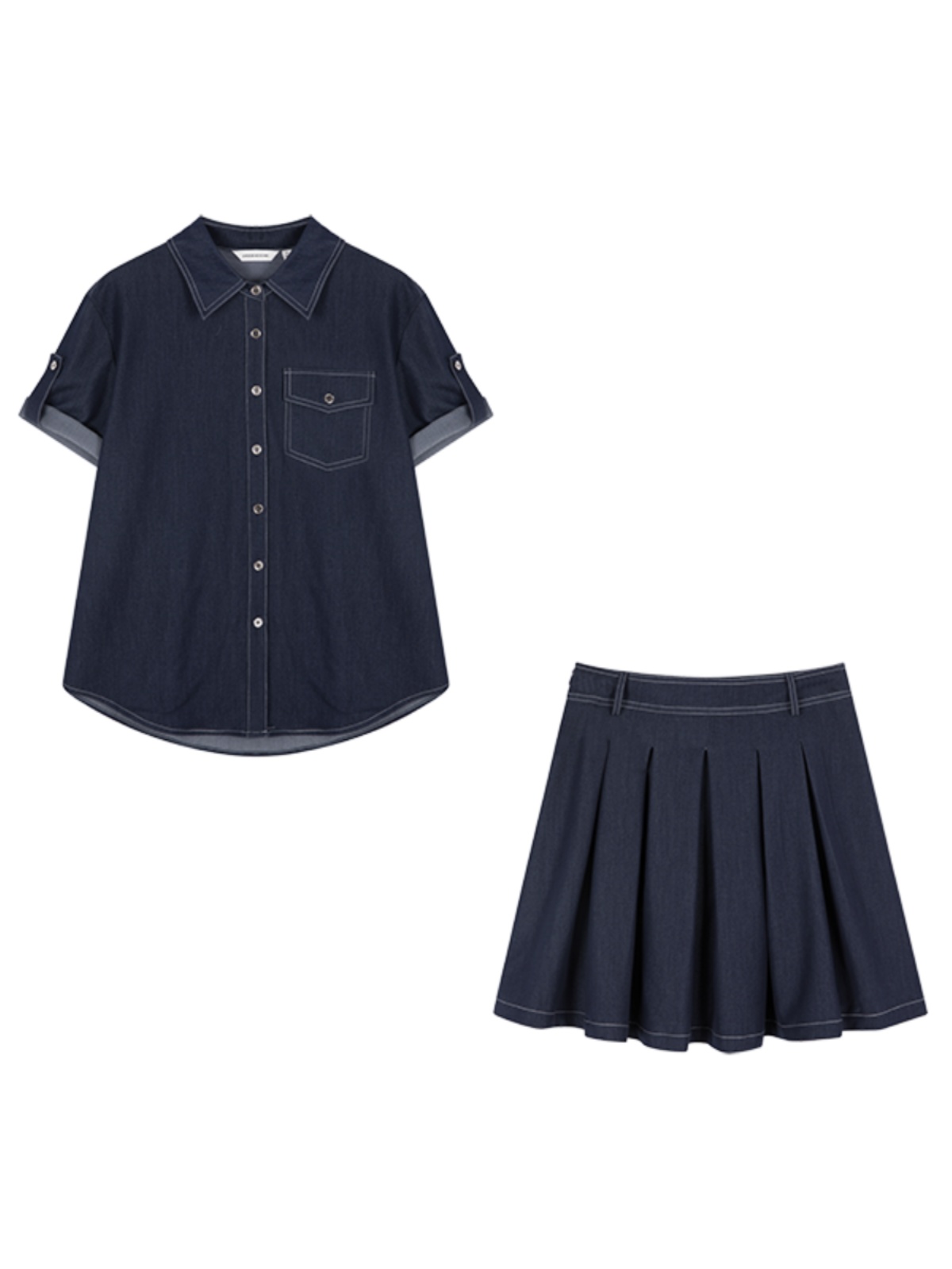 デニムセットアップ 半袖シャツ×プリーツスカート セット