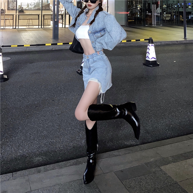 デニムセットアップ クロップド丈ダメージデニムセット