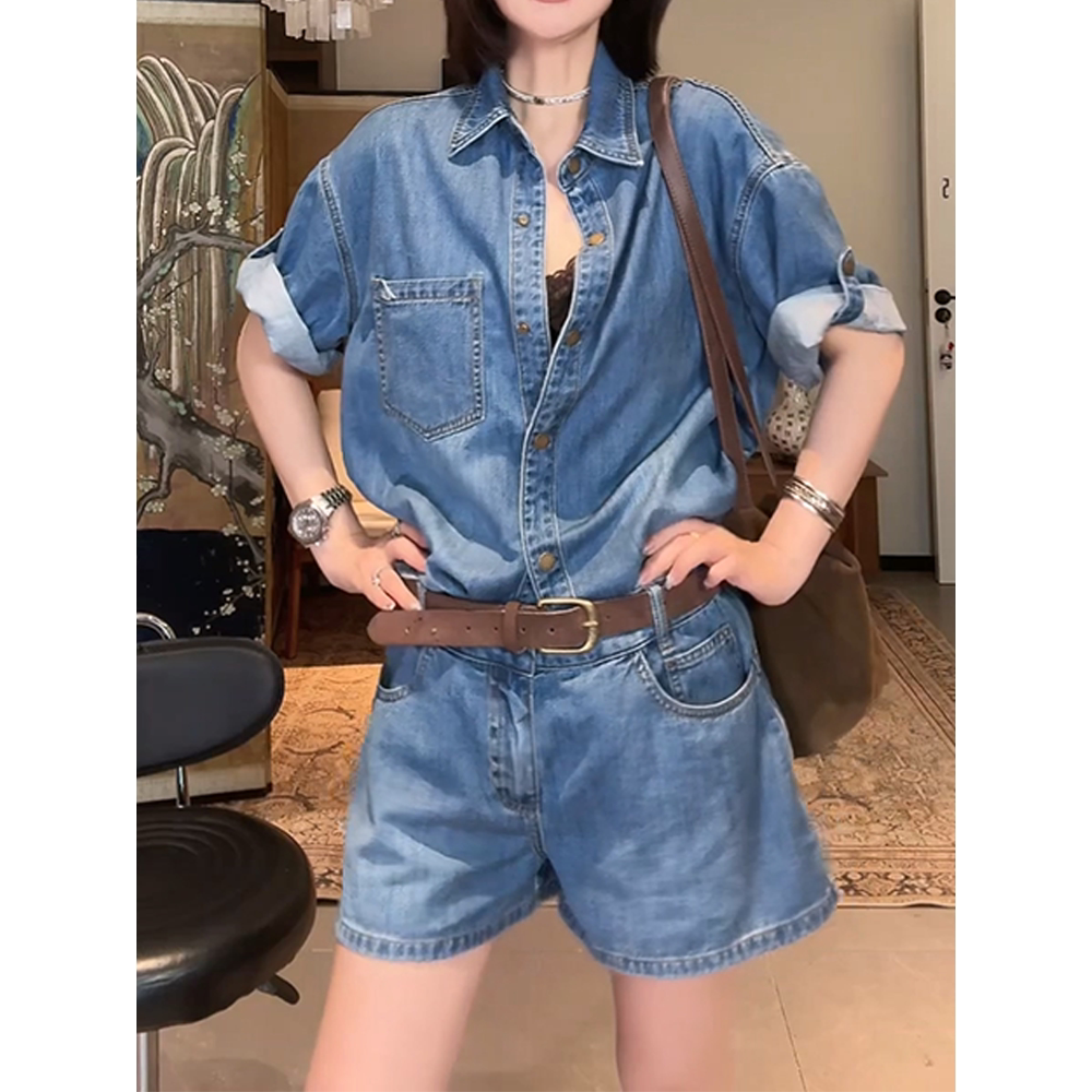 デニムセットアップ デニムシャツ半袖とショートパンツの上下セット