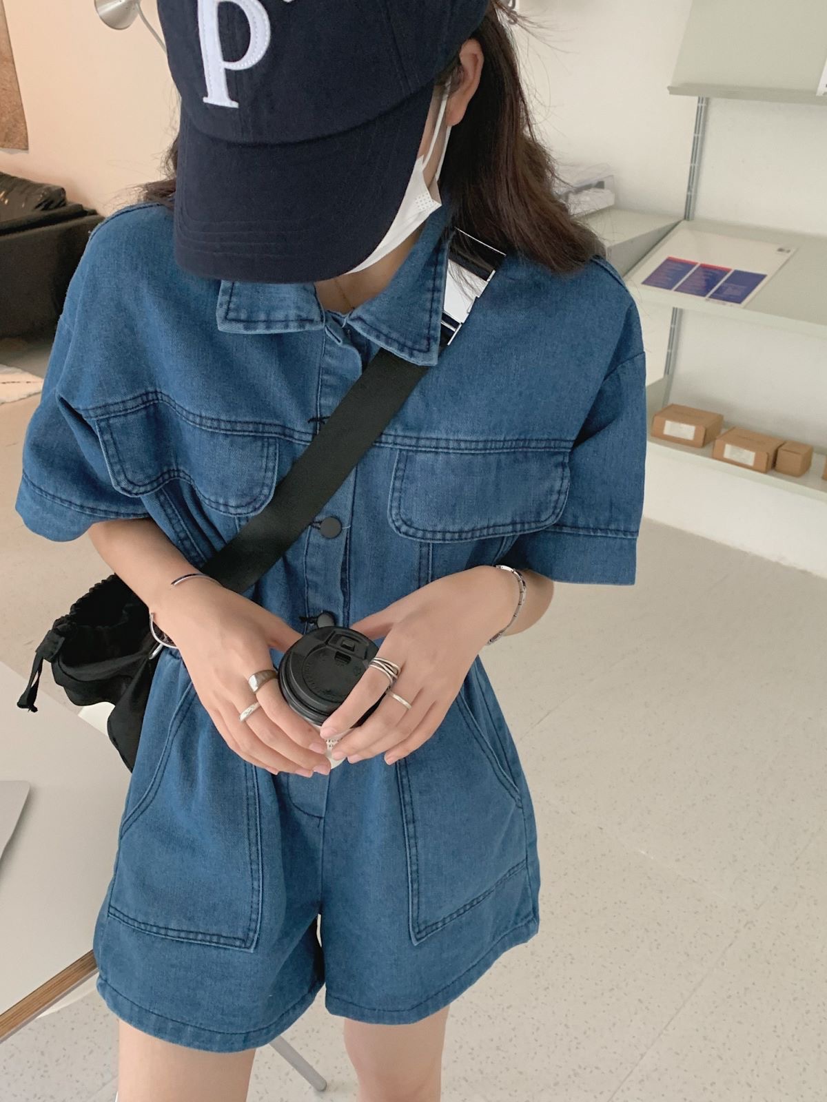 デニムセットアップ ゆったり短袖ポケット付きデニム上下セット
