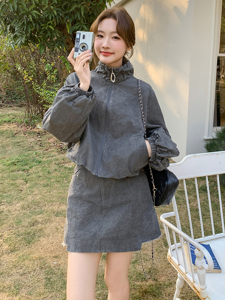 デニムセットアップ スタンドカラーデニムセットアップ