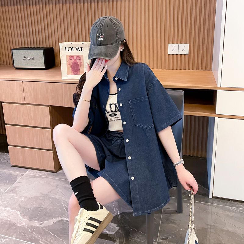 デニムセットアップ ゆったりデニムシャツとショートパンツセット