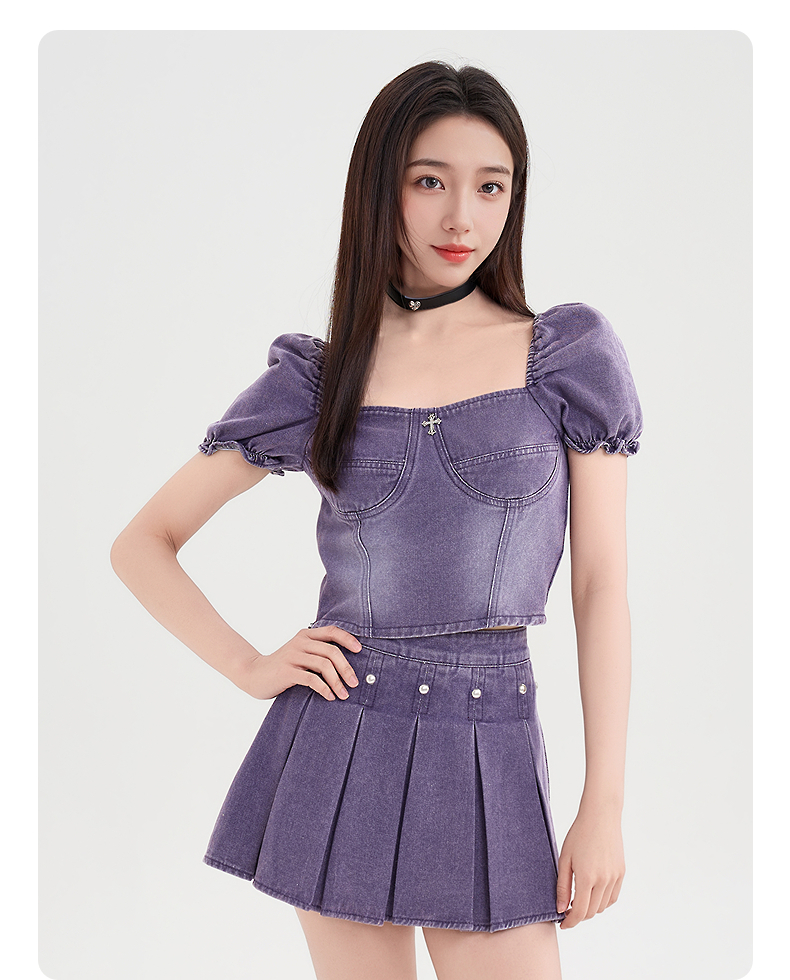 デニムセットアップ フェミニンパフスリーブ プリーツセット
