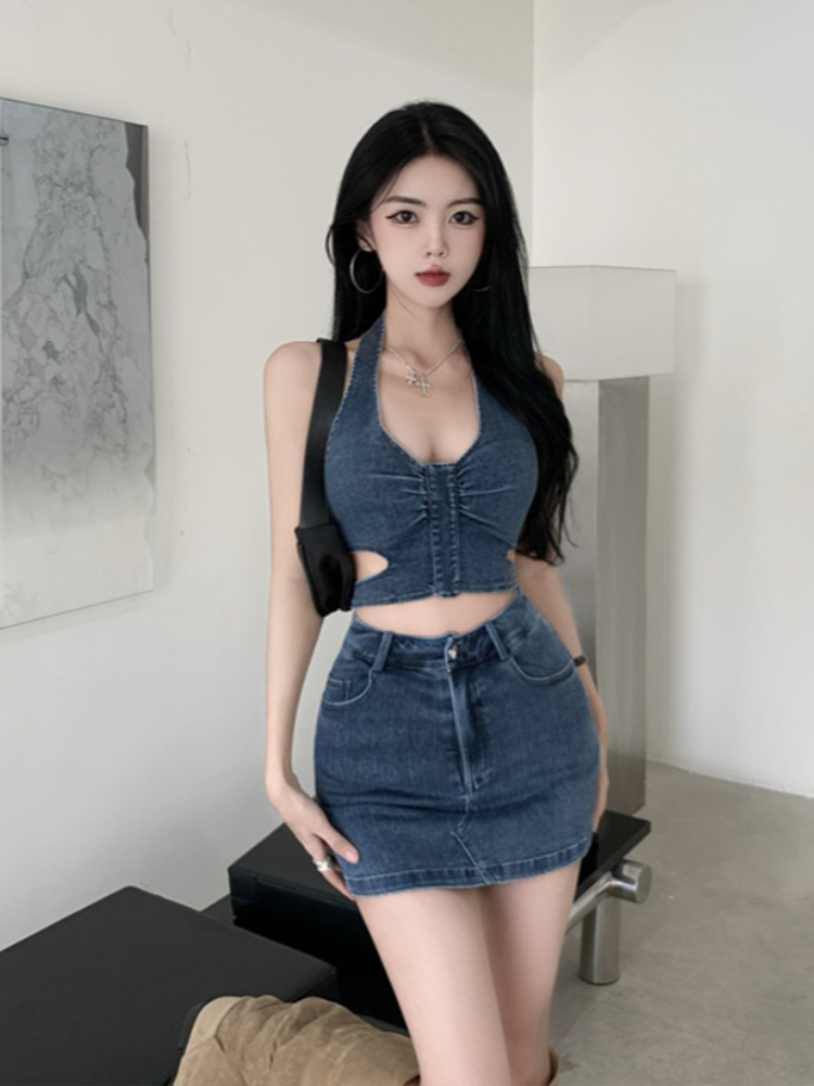 デニムセットアップ ホルターシルエット美脚セットアップ