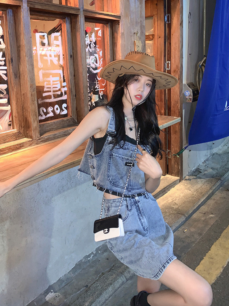 デニムセットアップ 裾フリンジビスチェミニスカート