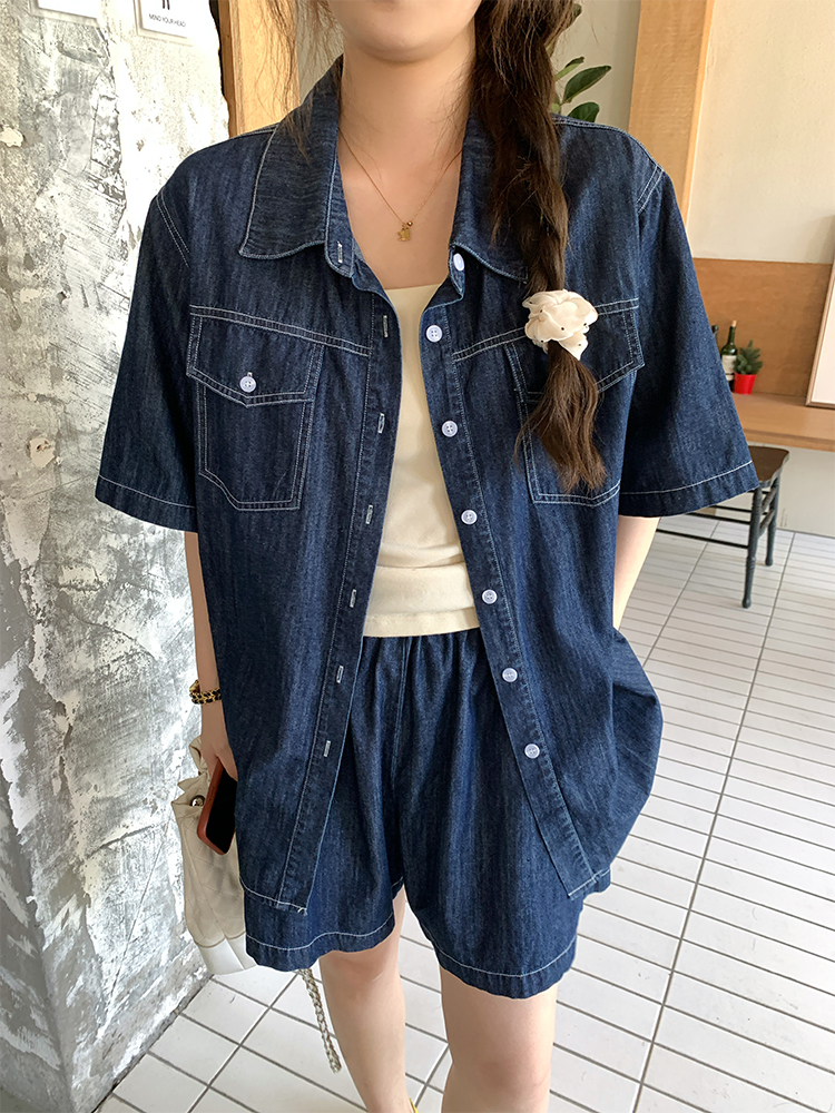 デニムセットアップ ゆったりデニムシャツとショートパンツセット