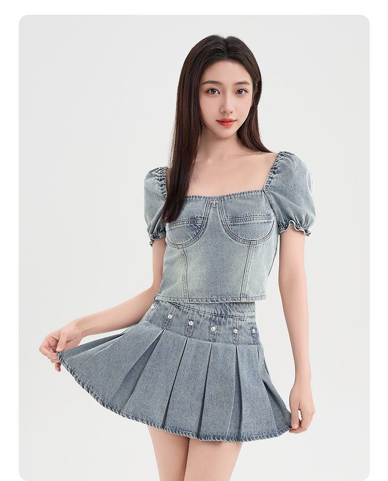 デニムセットアップ フェミニンパフスリーブ プリーツセット