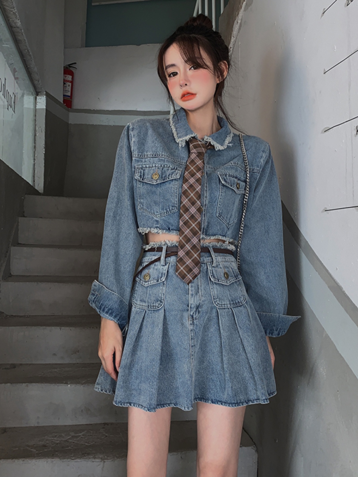 デニムセットアップ クロップド丈デニム制服風セットアップ