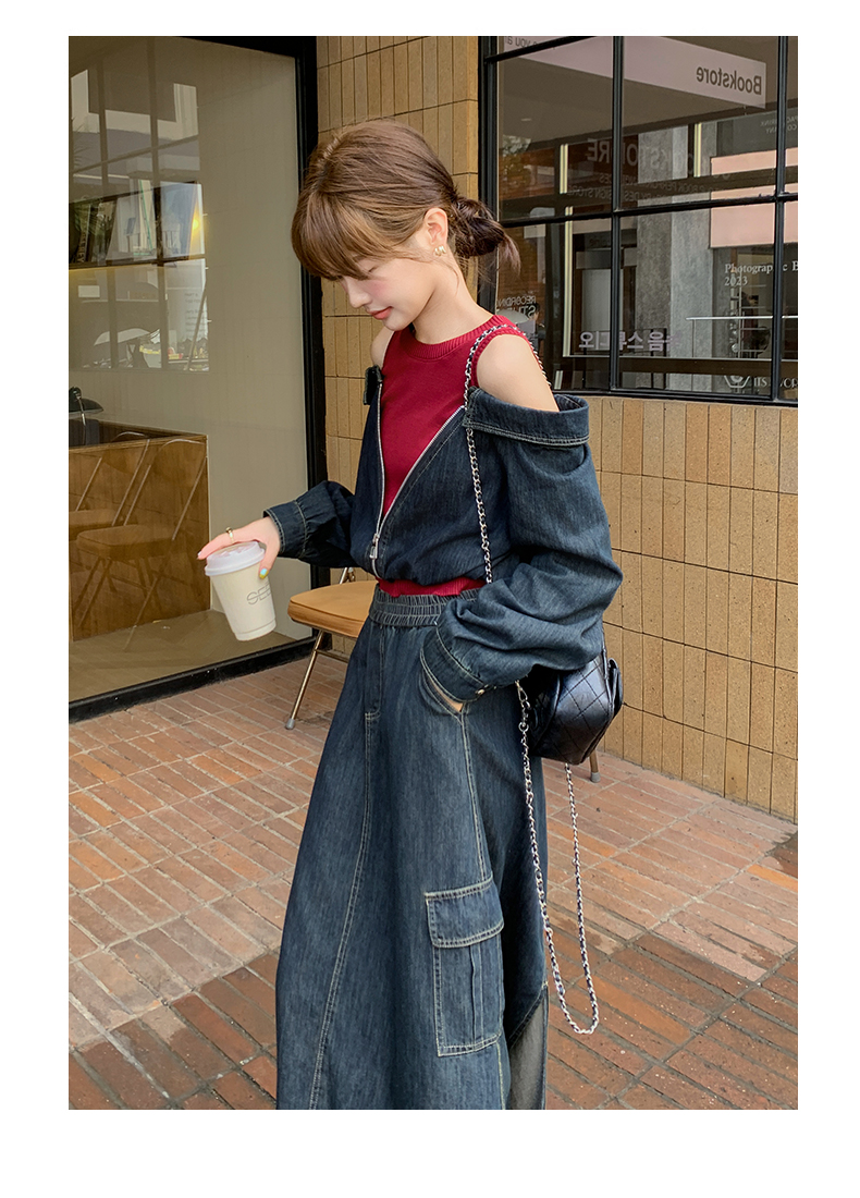 デニムセットアップ 肩開きジャケット×ロングスカート