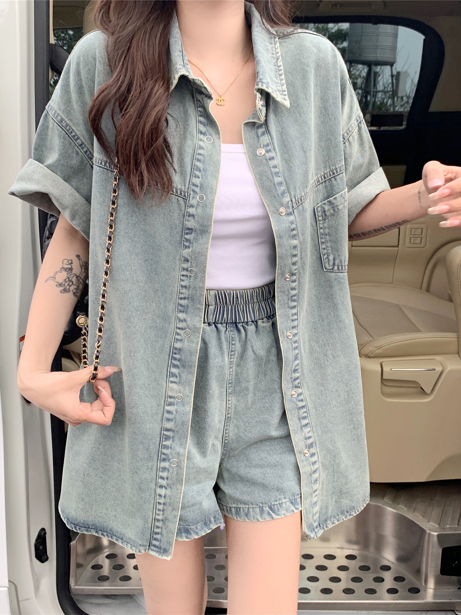 デニムセットアップ ゆったりデニムシャツセットアップ