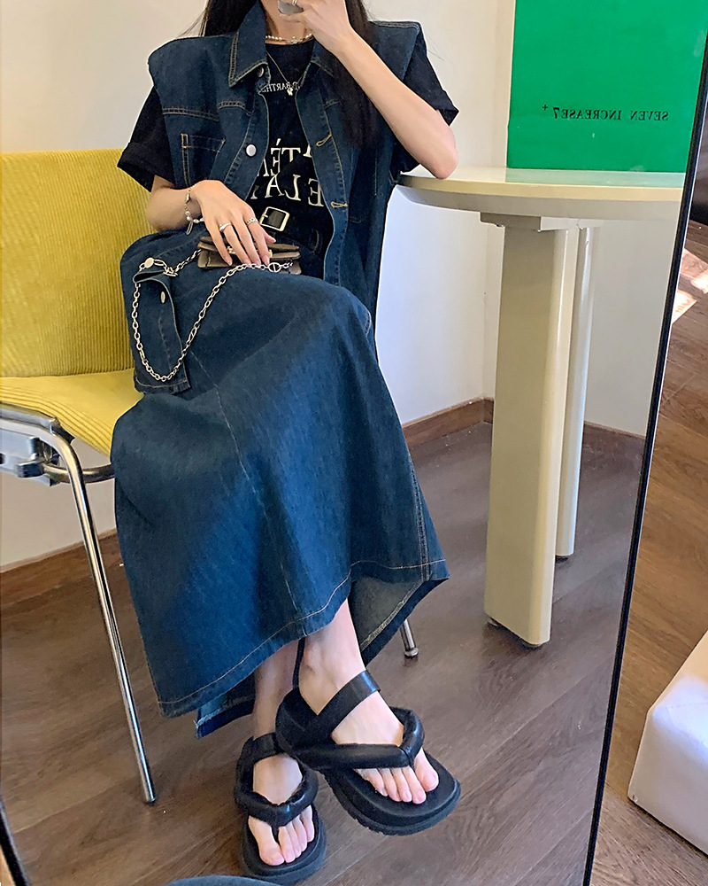 デニムセットアップ 肩パッド半袖シャツとロングスカート