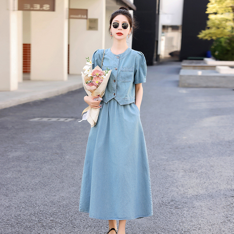 デニムセットアップ 優美なノーカラーデニムセットアップ